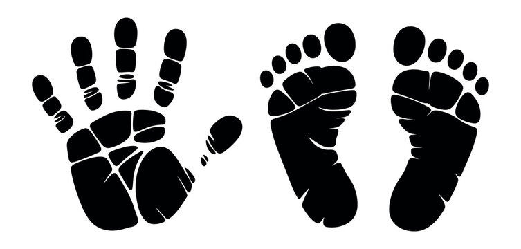 Handprint and Baby Footprints Silhouette Vector Illustration in Black Grunge Ink Stamp Style Isolated on White Background