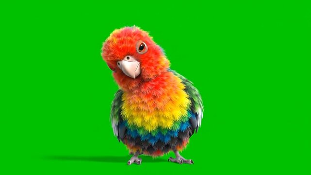 Adorable colorful parrot with a curious head tilt stands on a greenscreen background, ready for compositing into various video projects for creative editing