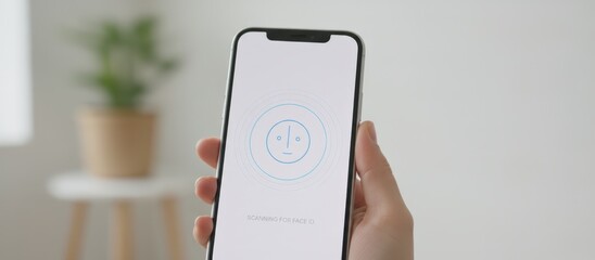 Hand holding a mobile phone displaying a face icon and scanning animation for biometric identification, illustrating modern security technology and personal data protection