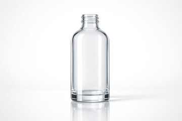 Clear glass bottle on reflective surface viewed from front with subtle shadow