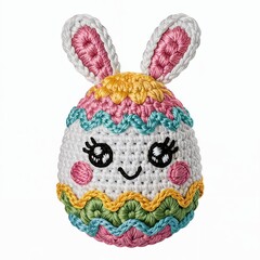 Adorable crocheted bunny egg with colorful patterns, perfect for Easter decorations and creative crafts.
