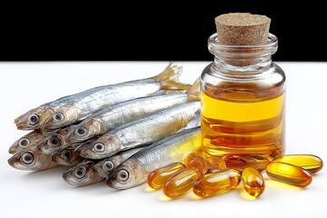 Collection of healthy fish and omega-3 fish oil capsules in a glass bottle for nutrition and well-being.