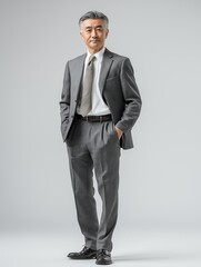 Confident businessman in formal attire standing with hands in pockets, conveying professionalism and success.