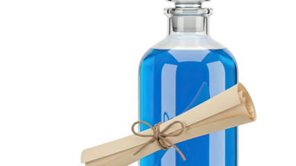 Glass bottle with blue liquid and rolled scroll tied with twine