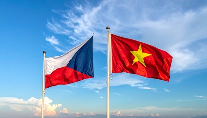 Czech and Vietnamese flags on flagpoles against blue sky with scattered clouds.