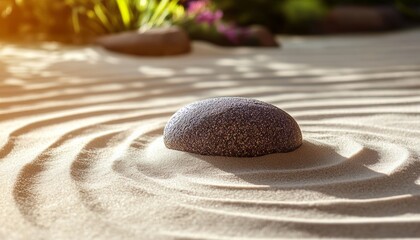 Tranquil Zen Garden with Concentric Sand Patterns and Natural Stone for Mindfulness and Serenity