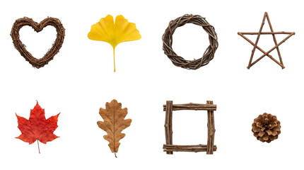 Natural autumn shapes set including twig wreaths, stars, squares, pinecone, and dried leaves isolated. Fall craft and nature decor collection.