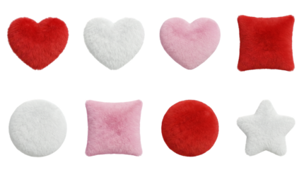 Fuzzy pillow set including red white and pink heart square round and star shapes isolated. Soft plush home decor collection.
