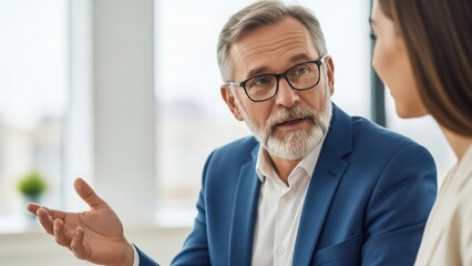 Mature businessman discussing with colleague in office