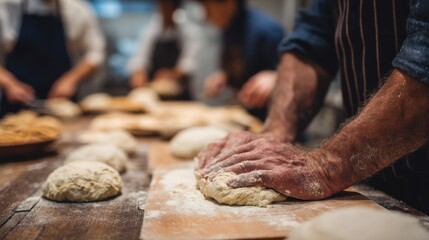 Closeup of hands shaping dough on a wooden board during a weekend artisanal bread baking class with blurred background of students learning techniques.