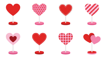 Valentine heart stands set including solid red, polka dot, lace border, striped, layered, and checkered patterns isolated. Romantic holiday decoration and party supplies collection.
