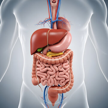 Anatomical illustration of human internal organs including the digestive system