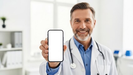 Doctor holding smartphone with blank screen in medical office