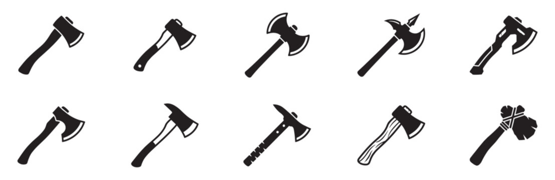 Set of axe silhouettes with various hatchet and battle axe designs. Axe icon set.  Vector Illustration.