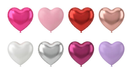 Heart shaped balloon set including metallic foil and matte pastel variants in assorted colors isolated. Decoration for valentine's day, wedding, birthday and anniversary.