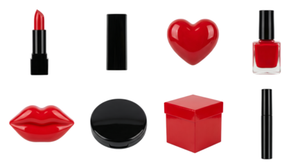 Red beauty and cosmetics set including lipstick, nail polish, lip shaped balm, heart box, and makeup containers isolated. Professional glamour and fashion collection.