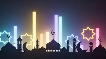Illuminated mosque silhouettes against a radiant sky