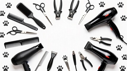Pet grooming tools arranged in circle