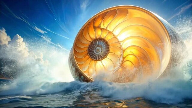 Stunning Nautilus Shell in Ocean Waves Under a Blue Sky.
