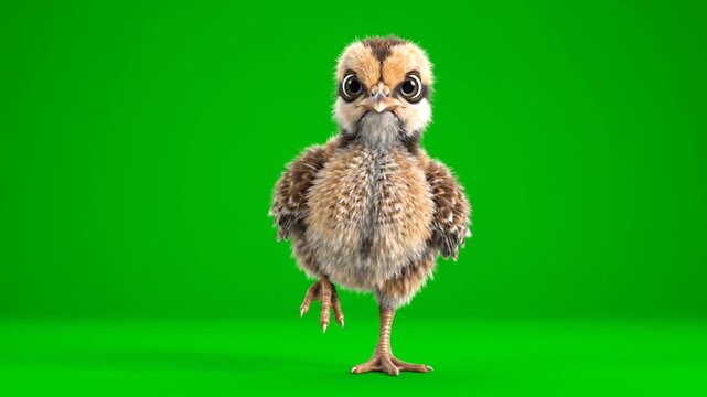 Adorable fluffy bird chick stands playfully on one leg, isolated against a vibrant greenscreen backdrop, perfect for creative compositing in video and film projects