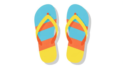 A pair of colorful rubber flip-flop sandals sits near surfboards on a summer beach, providing casual footwear for a holiday travel illustration