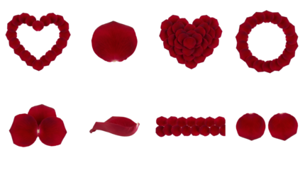Red rose petal set including heart shapes, circular wreath, and single petals isolated. Romantic floral decorations for wedding and valentines day.