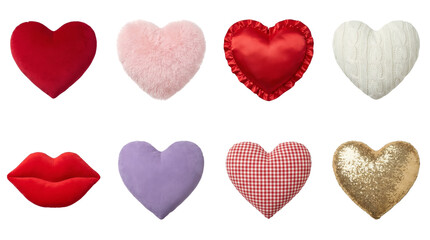 Fototapeta premium Heart pillow set including plush, satin, knit, gingham, and sequin styles with red lips isolated. Valentine's day decor and soft furnishing collection.