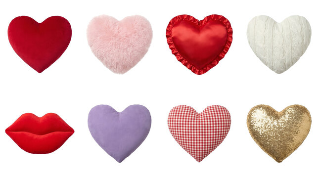 Heart pillow set including plush, satin, knit, gingham, and sequin styles with red lips isolated. Valentine's day decor and soft furnishing collection.