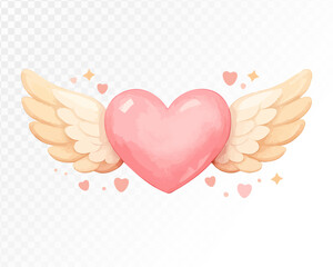 Watercolor heart with angel wings, romantic love illustration