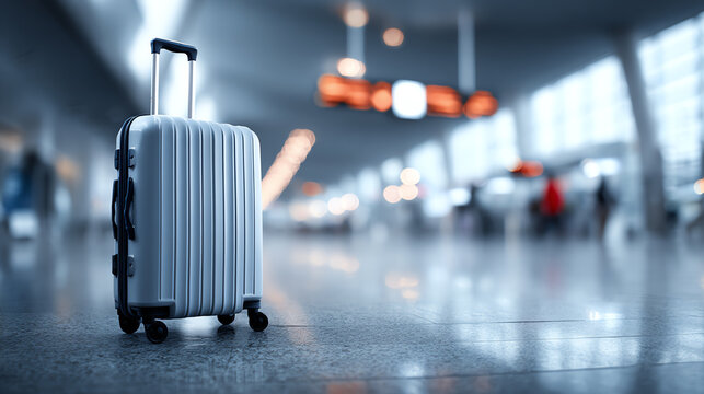 A sleek white suitcase stands alone in a spacious, modern airport terminal, ready for travel and adventure.