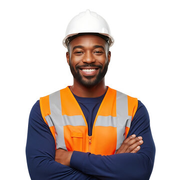 A smiling construction worker wearing a white hard hat and orange safety vest on transparent background