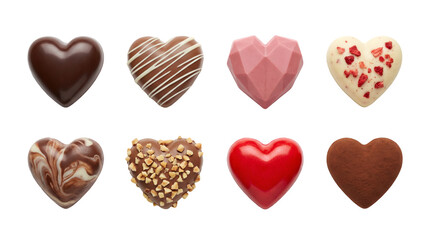 Heart shaped chocolate candy set including dark, milk, white, ruby, marbled, and nut varieties isolated. Assorted artisanal valentine pralines and gourmet sweets collection.