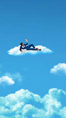 Fototapeta premium Minimal poster businessman relaxing on cloud while working on tablet. Concept of flexible business lifestyle, remote management, work life balance, mobile productivity, and executive mobility.