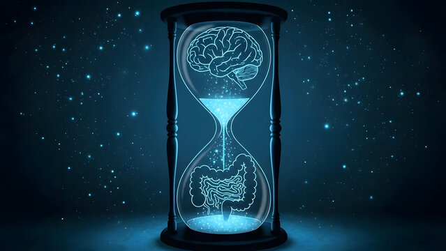 Hourglass glows with brain above, intestines below in starry dark, microbiome gut brain axis time theme, elegant science, ideal for premium health or aging research.