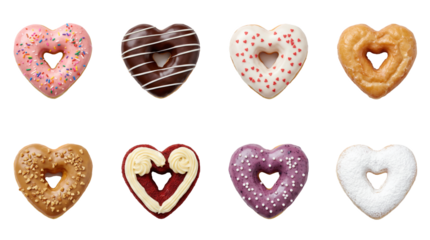Heart shaped donut set including strawberry sprinkle, chocolate glazed, velvet, and powdered sugar variants. Valentines day sweet dessert collection.