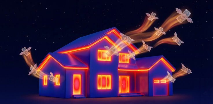 Night view of a house losing money through walls and roof due to poor insulation and heat energy loss, thermal imaging concept with flying dollar bills