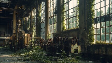 Abandoned industrial interior with large windows and overgrown foliage