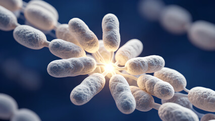 A digital illustration of bacteria, showcasing their unique shapes and structures, with a bright focus point suggesting biological activity.