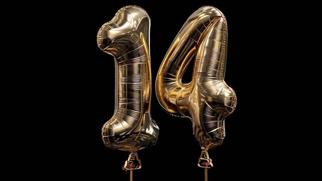 Gold foil balloons shaped as number fourteen on black background