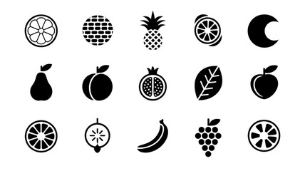 A set of 15 black and white fruit icons arranged in three rows on a white background.