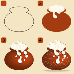 Step by step pongal pot drawing process from outline to final illustration
