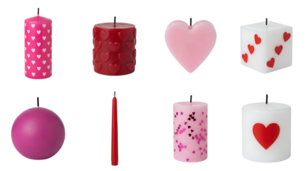 Valentine candle set including heart shaped, pillar, taper, and ball styles with romantic patterns isolated. Decorative holiday and interior collection.