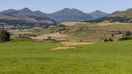 Fototapeta premium Vue des monts du Cantal, de la chaîne des Puys et du Puy Mary, stratovolcan, en été dans le Cantal, en France.