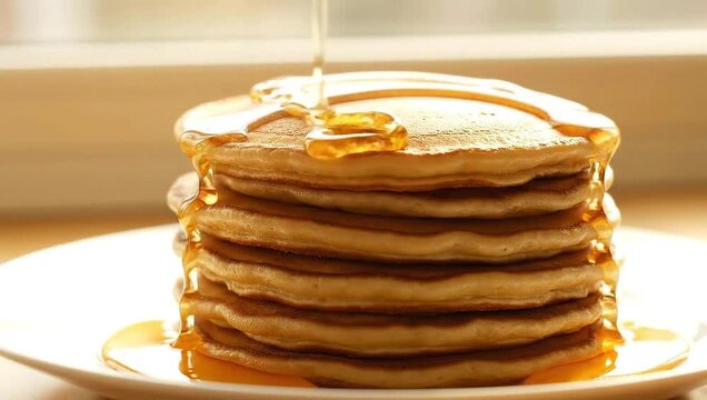 Delicious Stack of Pancakes with Syrup Pouring on Top for Breakfast.