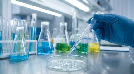 A close-up photograph of a gloved hand using a pipette to transfer liquid from a test tube into a Petri dish in a sterile laboratory setting.