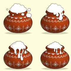 Decorated pongal pot vector set with overflowing rice variations.