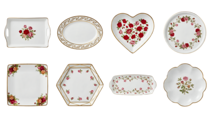 Ceramic serving tray and plate set including heart, oval, square, and scalloped shapes with floral rose patterns isolated. Elegant porcelain tableware collection.