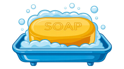 A simple cartoon illustration of a yellow soap bar with the text SOAP embossed on its surface, sitting in a blue plastic soap dish