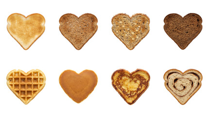 Fototapeta premium Heart shaped breakfast food set including toast, waffle, pancake, french toast, and cinnamon roll isolated. Valentines day and romantic brunch collection.