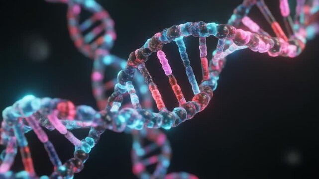 Glowing DNA double helix strands in dark digital space